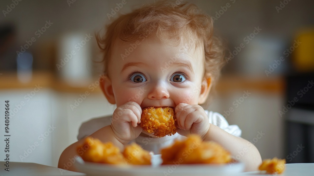 A baby is eating a piece of fried chicken A baby is eating a piece of fried chicken