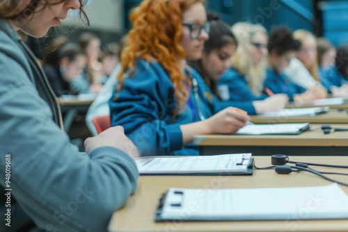 Unrecognizable medical student writes in class workbook An unrecognizable medical student sits at a table in her lecture hall and writes in her class workbook.