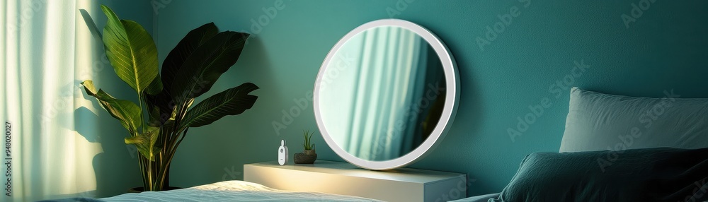 Modern Minimalist Bedroom with Round Mirror and Green Plant in Soft Natural Light Modern Minimalist Bedroom with Round Mirror and Green Plant in Soft Natural Light