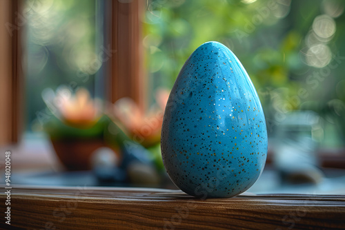 a blue egg shaped object on a wood ledge