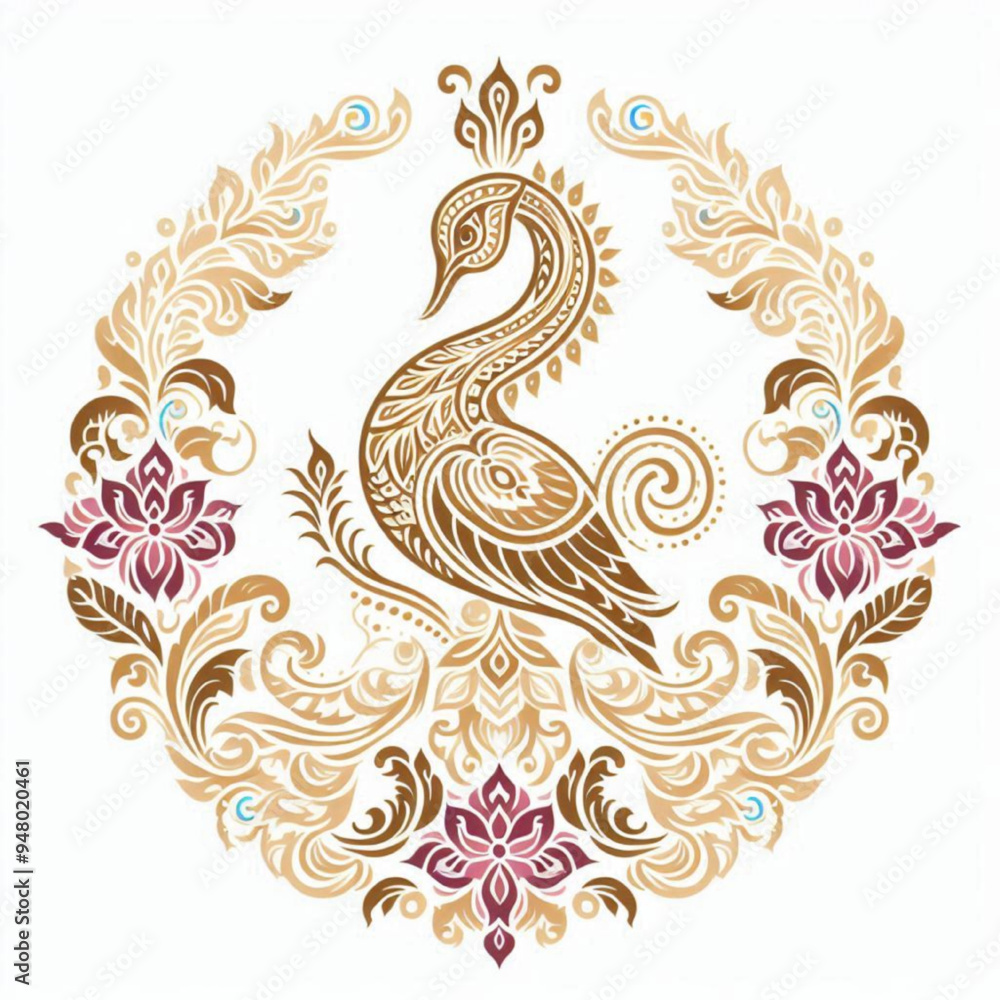 a stylized peacock centered within an ornate circular frame. a stylized peacock centered within an ornate circular frame.