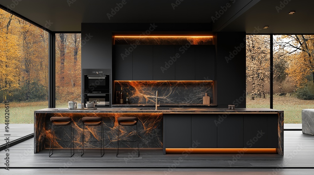 Modern Black Kitchen Design with Marble Countertop and Fall View Modern Black Kitchen Design with Marble Countertop and Fall View