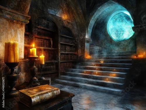 Mysterious Ancient Library with Glowing Blue Portal and Candlelit Ambiance photo