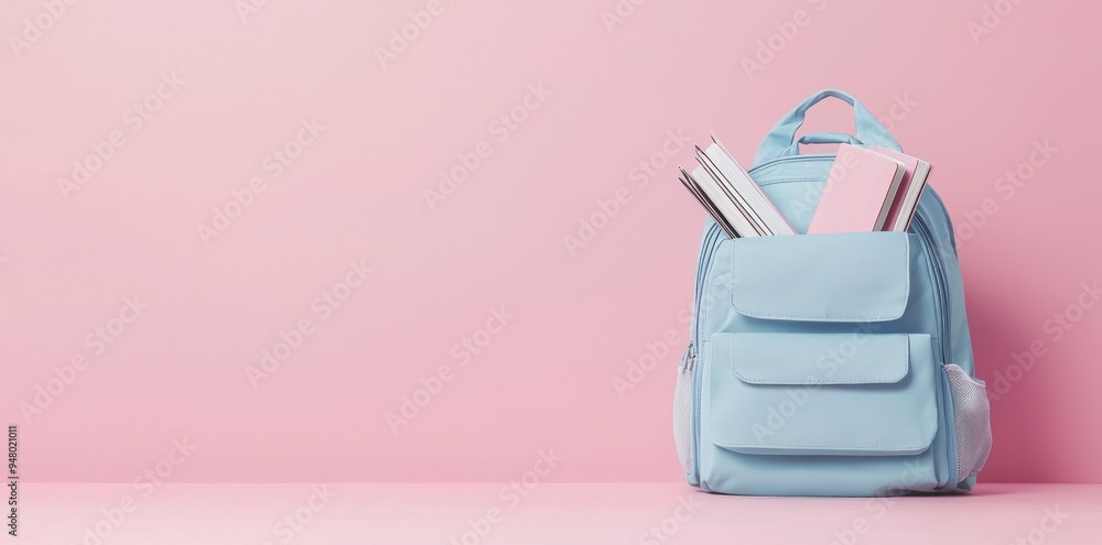 Turquoise backpack and stacked books against a pink background Generative AI Turquoise backpack and stacked books against a pink background Generative AI