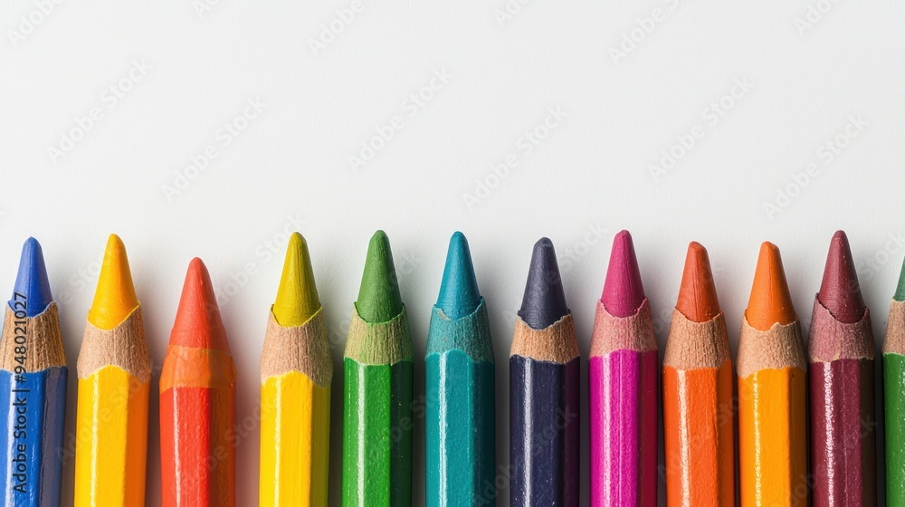 Colorful crayons lined up on white background with smudged marks underneath Generative AI Colorful crayons lined up on white background with smudged marks underneath Generative AI