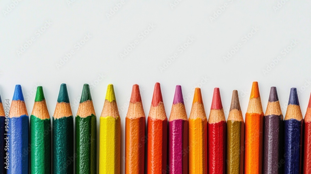 Colorful crayons lined up on white background with smudged marks underneath Generative AI Colorful crayons lined up on white background with smudged marks underneath Generative AI