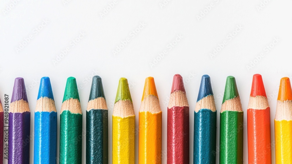 Colorful crayons lined up on white background with smudged marks underneath Generative AI Colorful crayons lined up on white background with smudged marks underneath Generative AI