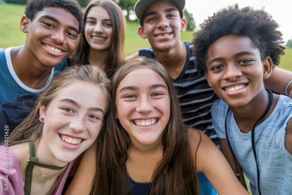 Friends Taking A Picture Together A multi-ethnic group of high school students are outdoors on a summer day. They are gathered together to take a selfie, and they are all smiling. Friends Taking A Picture Together A multi-ethnic group of high school students are outdoors on a summer day. They are gathered together to take a selfie, and they are all smiling.