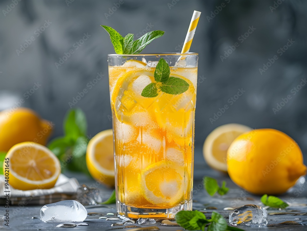 Fototapeta premium Refreshing lemon and mint drink served with ice cubes and fresh lemon slices on a dark background