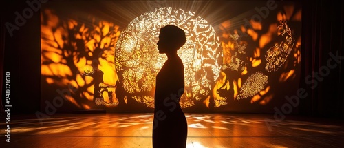 Silhouette of a Woman in Front of an Artistic Shadow Projection on a Stage with Warm Lighting photo