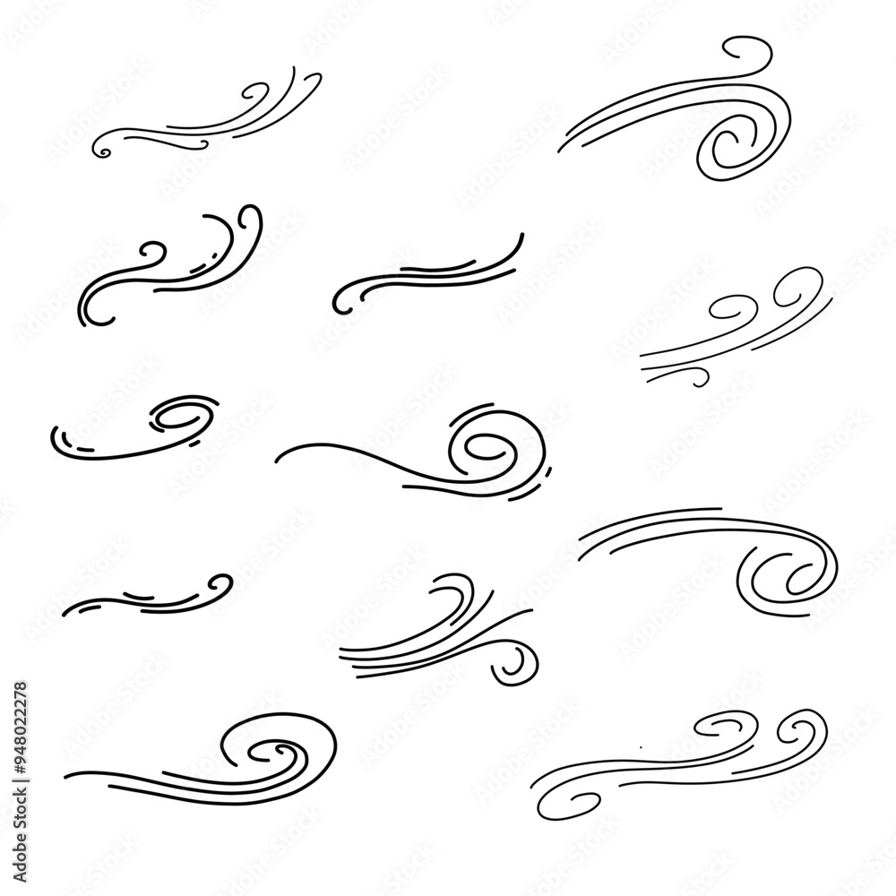 Fototapeta premium Hand drawn vector scribble curves set. Whirl, stroke, wind, movement. Pen doodle, hand written. Collection isolated on white background.