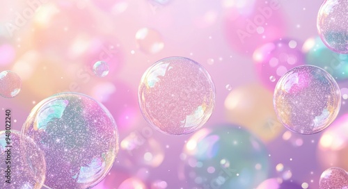 Shimmering soap bubbles floating in pastel bokeh light background Generative AI