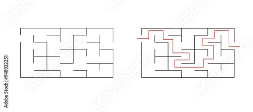 Simple labyrinth maze game vector illustration with solution. Find right way, simple logic game. Puzzle for kids.	