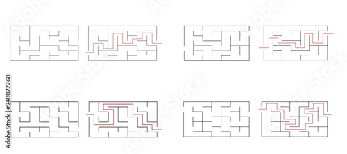 Simple labyrinth maze game vector illustration set. Find right way, simple logic game. Puzzle for kids.