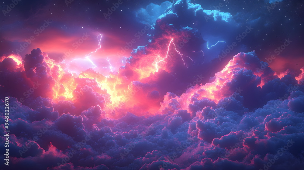 Purple pink clouds in the sky with futuristic sunset. 3d rendering, abstract futuristic background in neon colors. Purple pink clouds in the sky with futuristic sunset. 3d rendering, abstract futuristic background in neon colors.