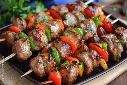 Juicy marinated kebabs cooking on an outdoor grill, with smoke, slices of lemon, tomatoes, and flames visible. 