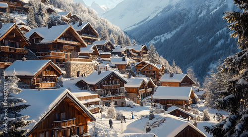 A Panoramic View of the Snow-Covered Ski Resort in Méribel, France, Highlighting Pristine Slopes, Alpine Landscape, and the Serene Winter Atmosphere, Perfect for Winter Sports Enthusiasts and Travel P photo