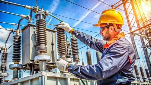 Electricity utility worker in hard hat and gloves conducts routine inspection and maintenance on a large industrial power transformer in a high-voltage substation.