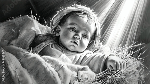 Close-Up of Baby Jesus in a Manger with Soft Lighting in pencil sketch drawing style new beautiful stock image illustration AI photo