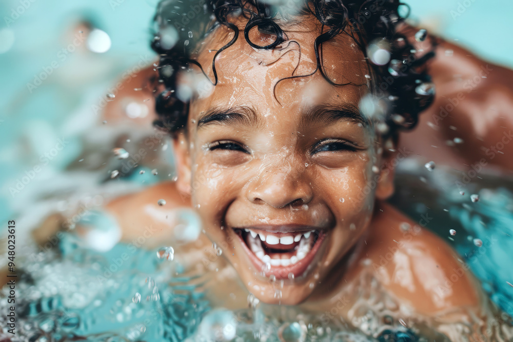 Happy child splashing in pool during family vacation in summer sun Happy child splashing in pool during family vacation in summer sun