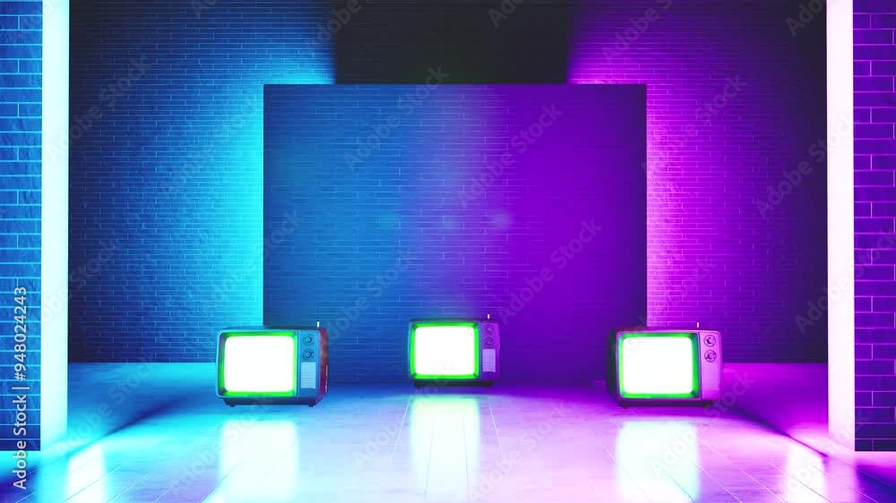 3D animation of three retro television on a colored background 3D animation of three retro television on a colored background