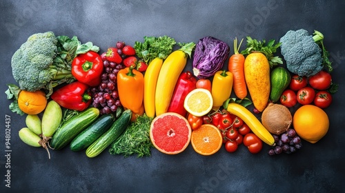 Assortment of Fresh Fruits and Vegetables on a Dark Background photo