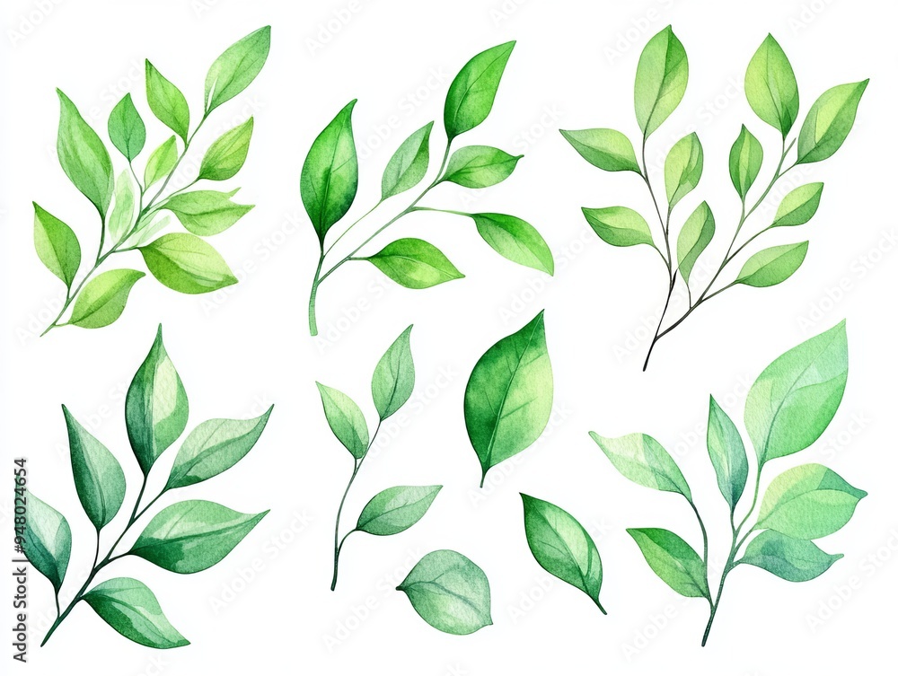 Set of watercolor green leaves elements. Collection botanical vector isolated on white background suitable for Wedding Invitation, save the date, thank you, or greeting card. Set of watercolor green leaves elements. Collection botanical vector isolated on white background suitable for Wedding Invitation, save the date, thank you, or greeting card.