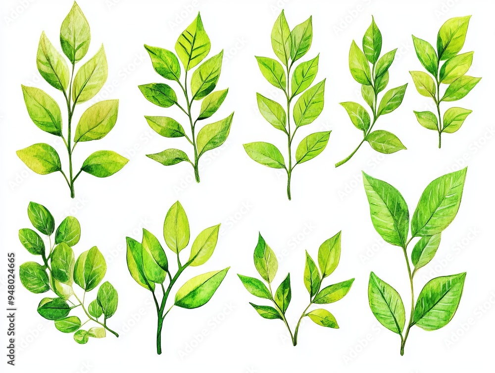 watercolor set of green leaves and branches illustration watercolor set of green leaves and branches illustration