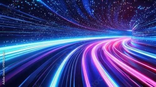 Abstract neon blue and pink light trails in a futuristic tunnel Generative AI
