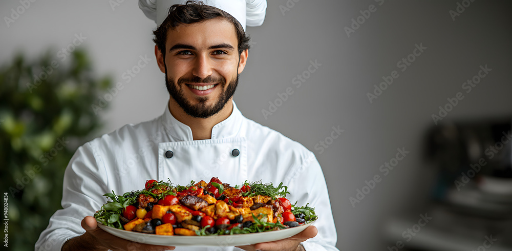 A cheerful chef in a white uniform and chef's hat holding a beautifully plated dish A cheerful chef in a white uniform and chef's hat holding a beautifully plated dish