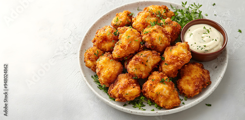 A close-up view of a plate of golden, crispy fried chicken bites served with a side of creamy dipping sauce.