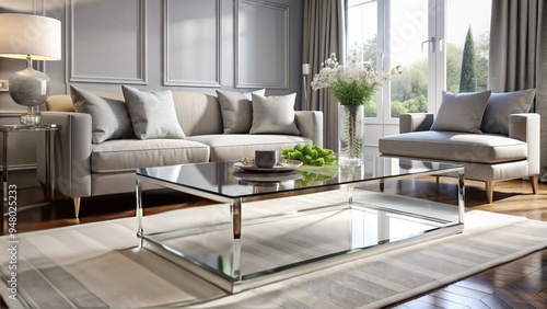 Elegant transparent Lucite coffee table with sleek metal legs and minimalist decor adds a touch of sophistication to modern living room interior design.