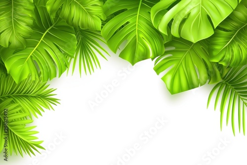 Tropical greenery vibrant palm monstera leaves on white background