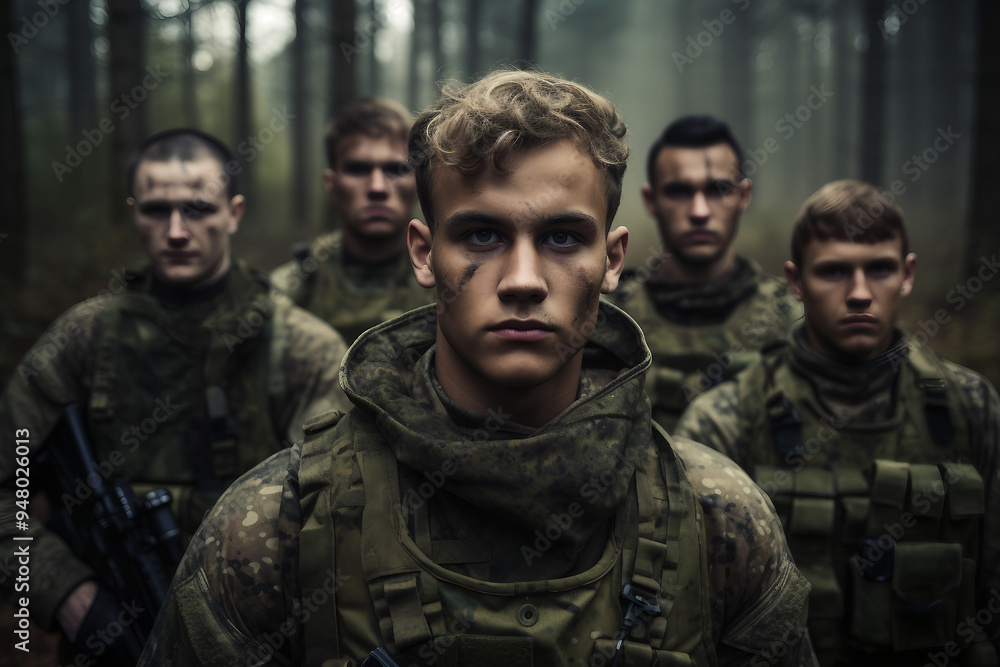 Modern soldiers fully equipped and facing the camera in military formation generative ai Modern soldiers fully equipped and facing the camera in military formation generative ai