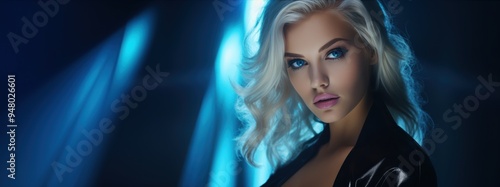 Beautiful blonde woman in a layered outfit, Volumetric lighting in dark black and cyan style with shinyglossy touch background, ai generated photo