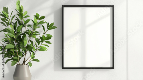 A black framed white picture with a green plant in a vase