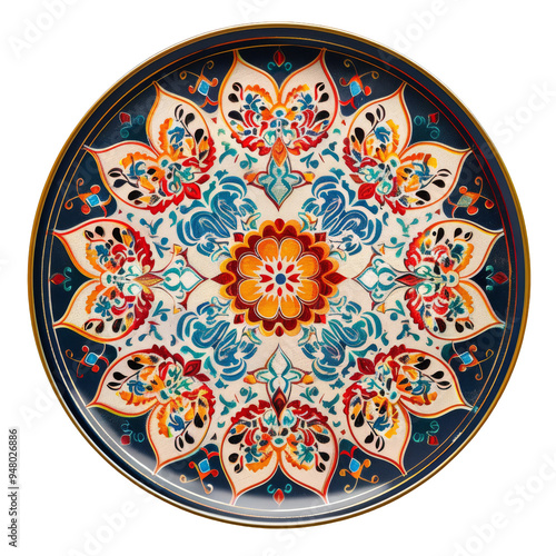 Colorful decorative plate featuring intricate floral patterns and vibrant colors, evoking sense of artistry and cultural heritage. 