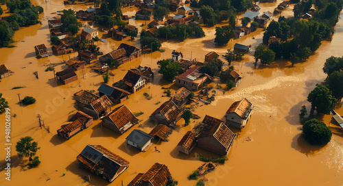 Wallpaper Mural Aerial View of an Indonesian Village Submerged Under Floodwater, Capturing the Devastating Impact of Natural Disasters and Climate Change, with Inundated Homes, Roads, and Farmlands Highlighting Vulne Torontodigital.ca