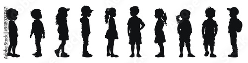 Set of children silhouettes detailed vector illustration. Black and white designs of diverse kids standing in line with different postures and profiles.