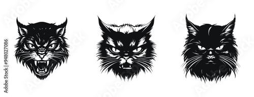 Set of fierce wild cat head, detailed vector illustration. Aggressive feline faces black and white with sharp features and intense expressions.