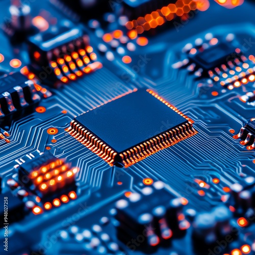 Close-up of a computer chip on a circuit board, showcasing the intricate design of modern technology.