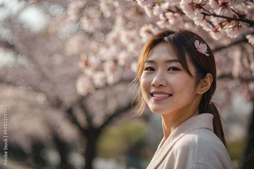 Joyful Japanese Woman in Traditional Dress with Cherry Blossoms in Spring Joyful Japanese Woman in Traditional Dress with Cherry Blossoms in Spring