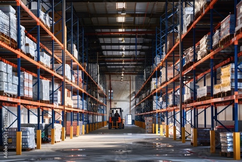 Empty distribution warehouse Empty distribution warehouse with a forklift in the hall and packages on shelves