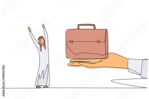 Single one line drawing Arabian businessman was excited to get the briefcase from giant hand. Rewards for ease of business travel. Increasing the profit. Continuous line design graphic illustration