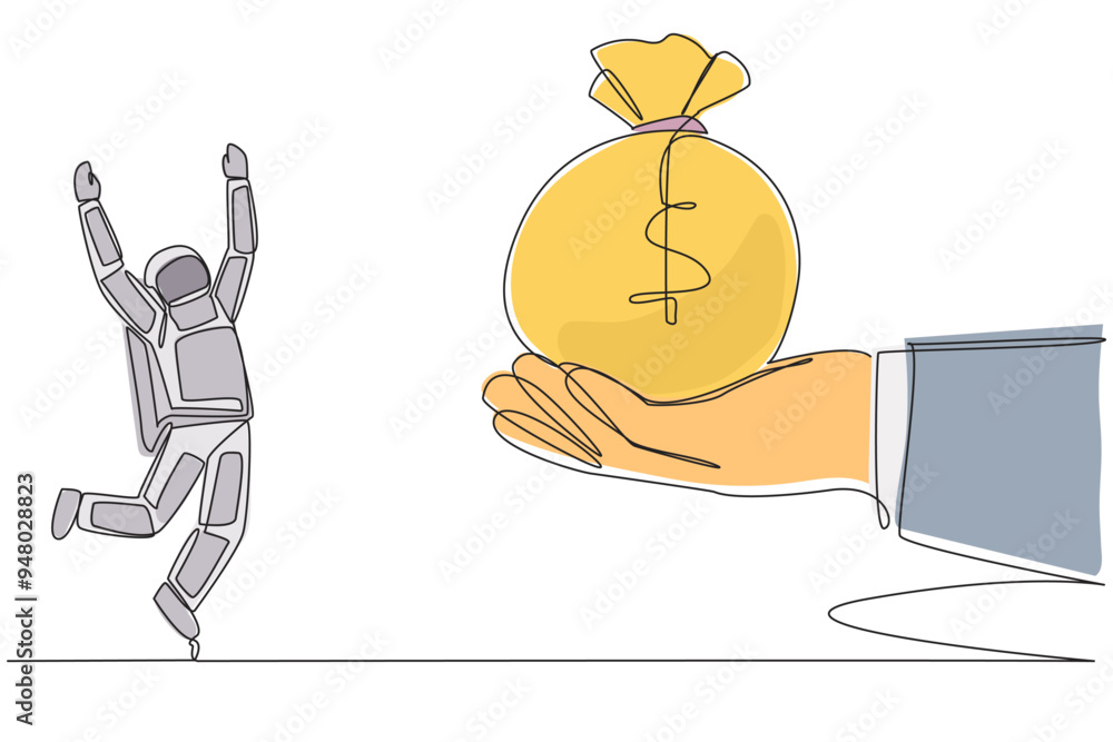 Single one line drawing astronaut was excited to get the money bag from giant hand. Lots of cash. Enough to fund a space expedition. Cosmonaut deep space. Continuous line design graphic illustration