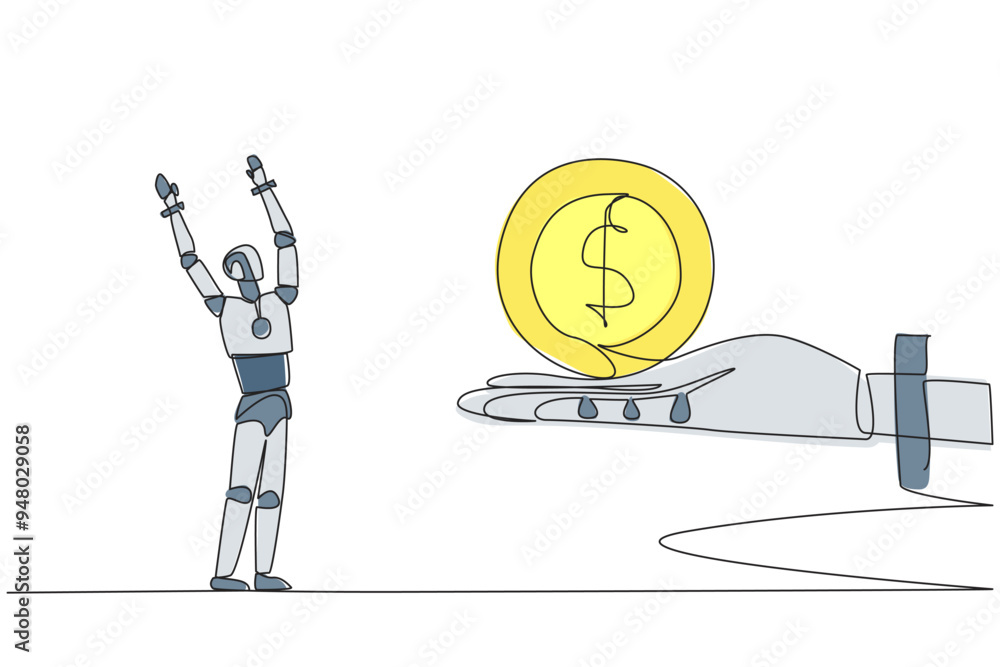 Single one line drawing a smart robot excited to get dollar symbol coin ...