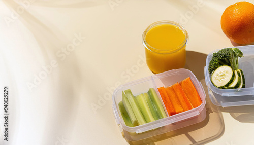 lunch box with vegetables and juice