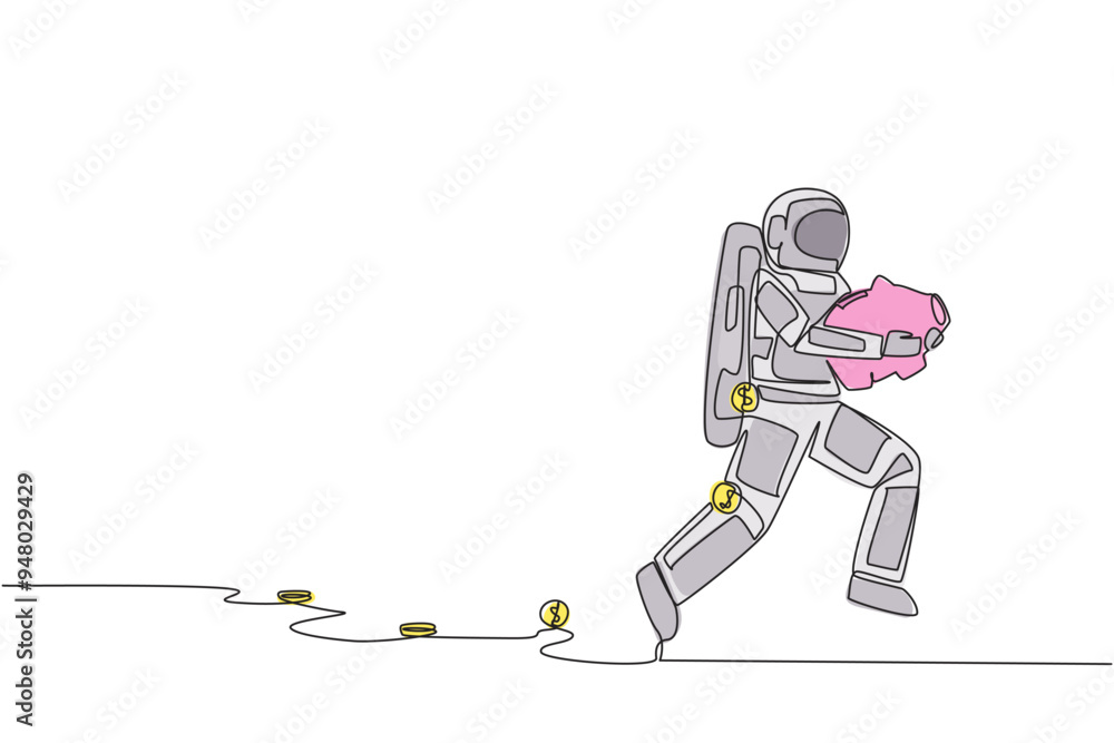 Obraz premium Continuous one line drawing young astronaut running while carrying a piggy bank with coins scattered around. Saving space expedition investments. Cosmonaut. Single line draw design vector illustration