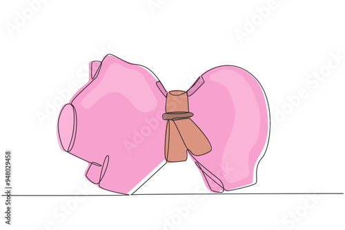 Continuous one line drawing tighten the belt around the piggy bank's stomach. Reduce unnecessary costs. Avoid financial crisis. Avoid recession. Save money. Single line draw design vector illustration