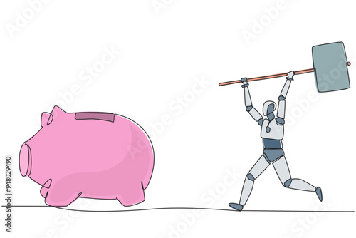 Single continuous line drawing robot holding a big hammer chasing big running piggy bank. Artificial intelligence trials require funding. Disburse emergency funds. One line design vector illustration